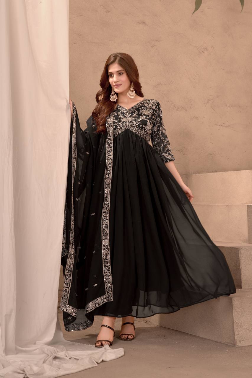 Black Color Faux Georgette Embroidery Gown