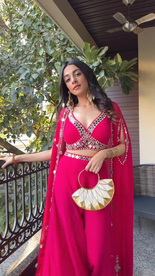 Steel Rani Pink Georgette Mirror Work Crop Top And Sharara