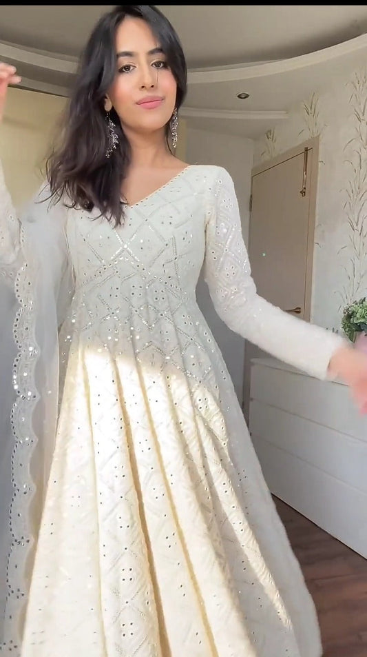 Keshvi White Embroidered Georgette Anarkali Suit Set