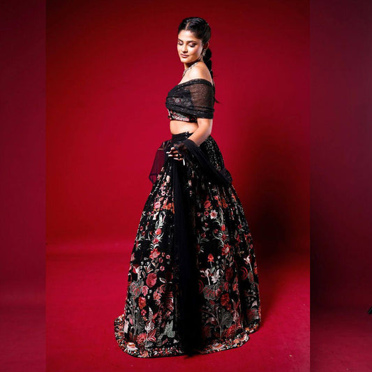 Black Embroidered Off-Shoulder Lehenga Set