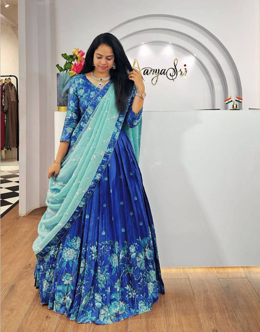 Lyra Blue Tones And Floral Design Digital Print Draped Lehenga
