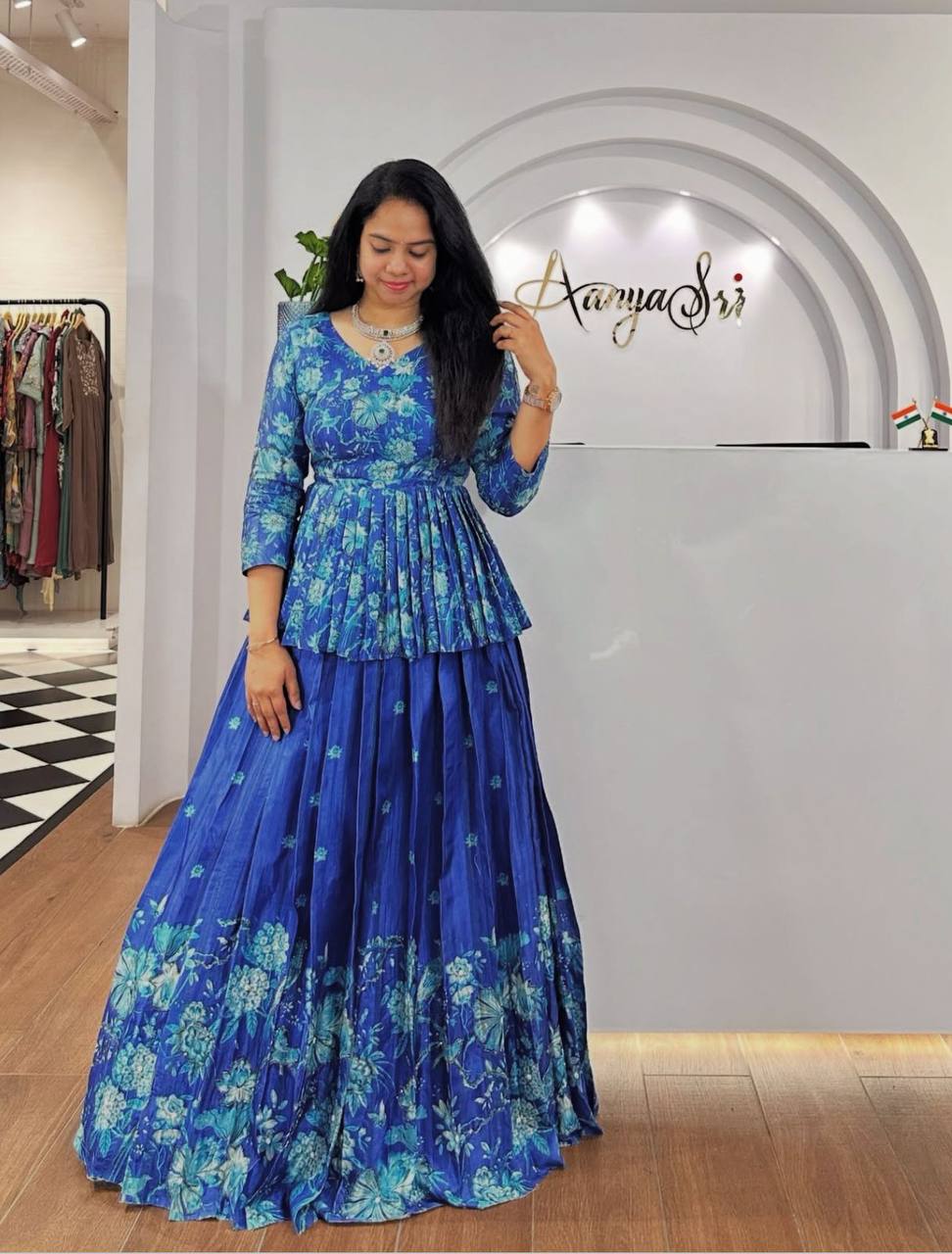 Lyra Blue Tones And Floral Design Digital Print Draped Lehenga
