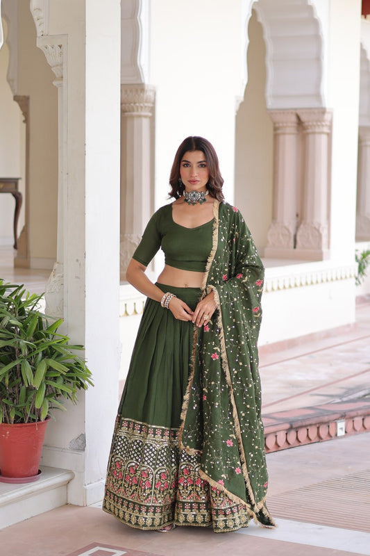 Aadrika Olive Green And Maroon Embroidered Lehenga Choli