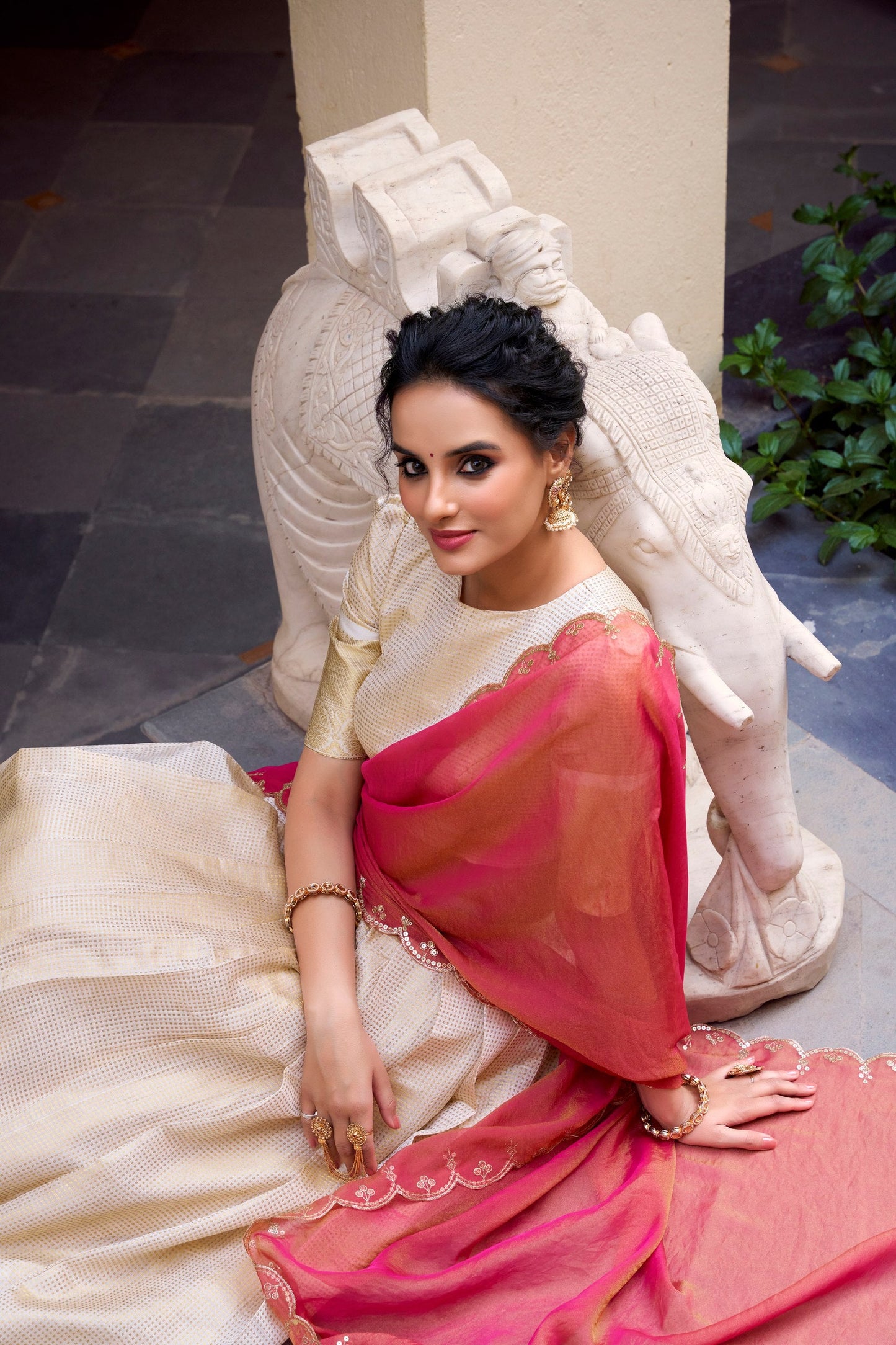 Shubhra Gold Jacquard Lehenga with Contrast Embroidered Dupatta