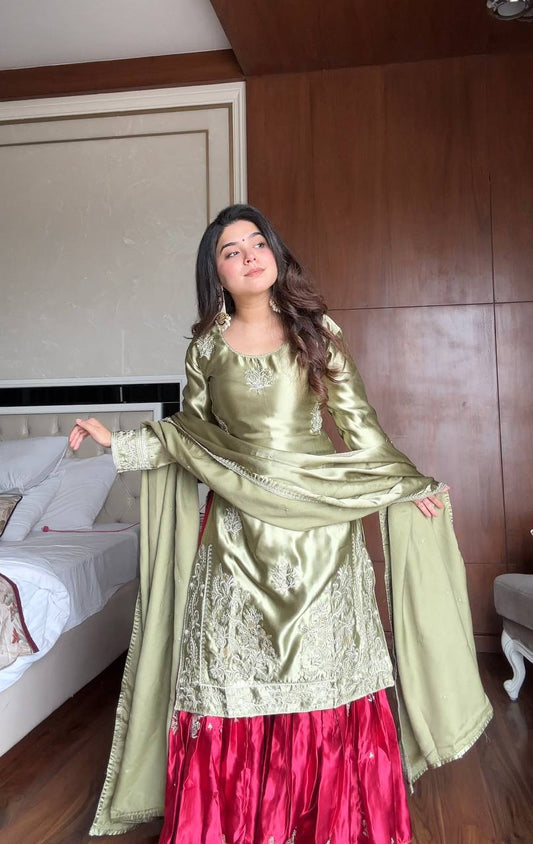 Anushka Olive Blossom Charm Royal Patiala Suit