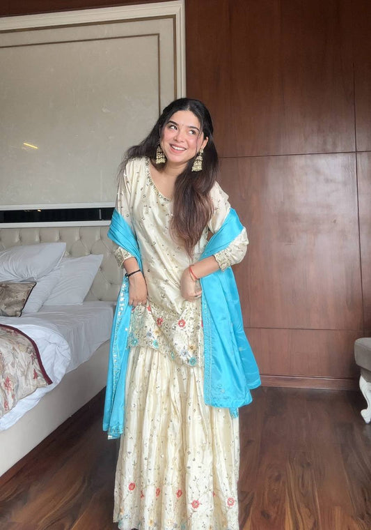 Samaira Hand Embroidered Sharara Suit with Sky Blue Dupatta