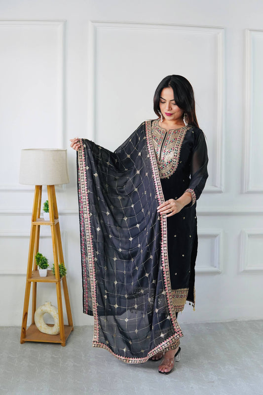 Aarvika Majestic Midnight Black Embroidered Suit