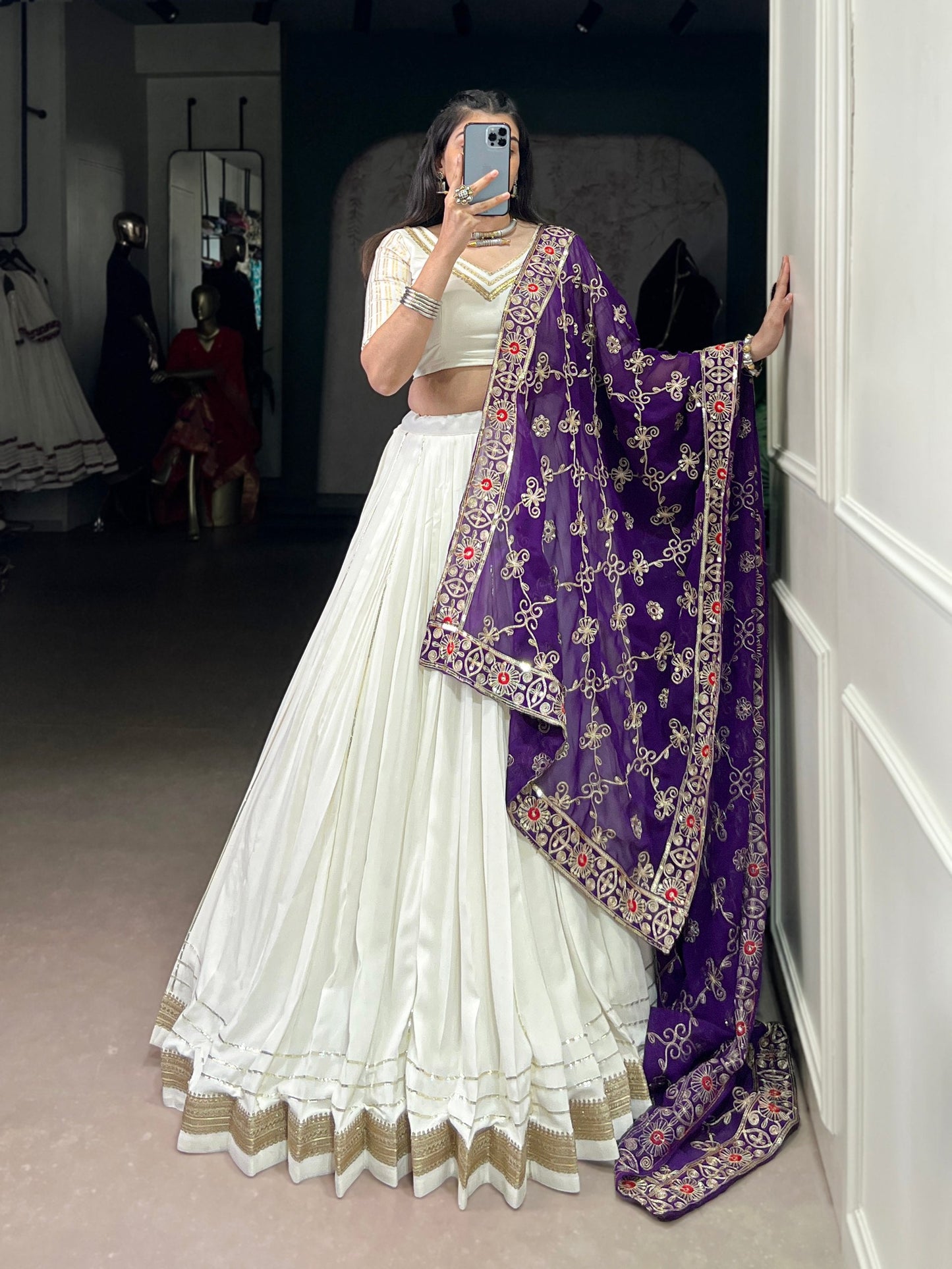 Royal Grace Off White Lehenga with Purple Embroidered Dupatta