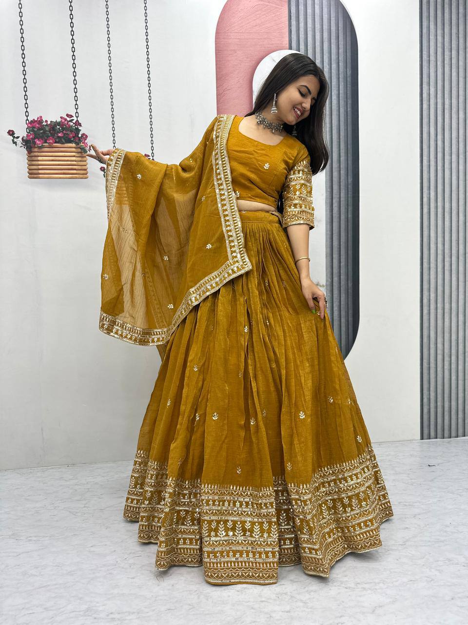Ridhi’s Golden Charm Lehenga Choli