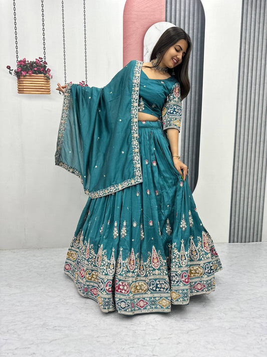 Palak Noor Teal Embroidered Lehenga Choli