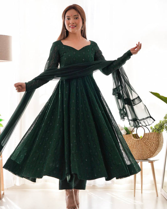 Swirling in Grace – Deep Forest Green Embroidered Anarkali Suit