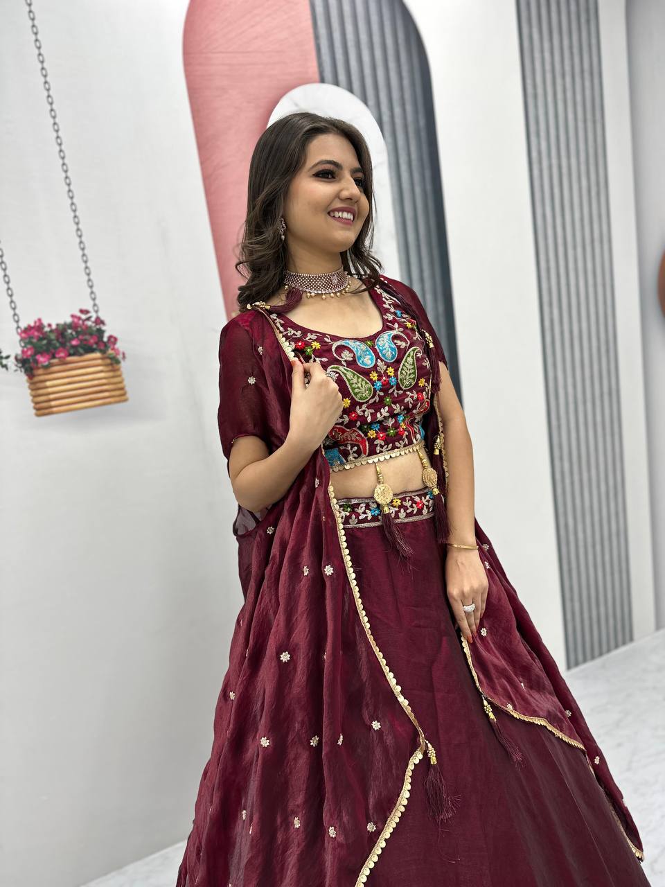 Vaidehi Embroidered Crop Top With Floral Lahenga Choli