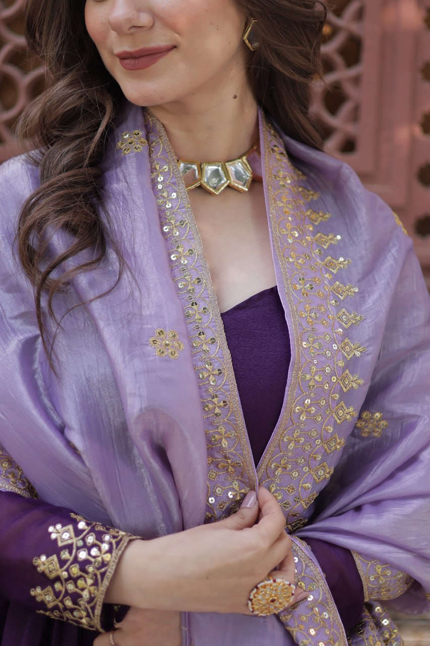Purple Embroidered Party Wear Gown with Dupatta