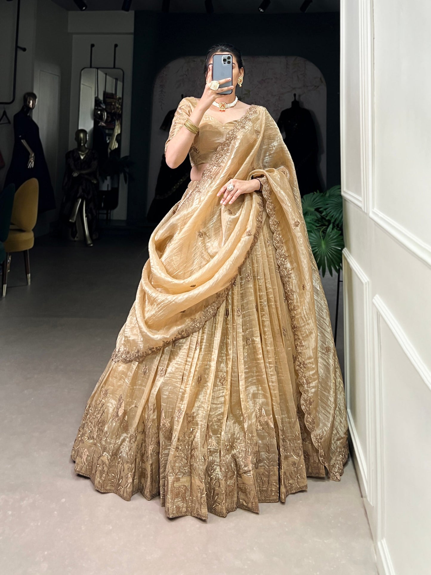 Rashmika Shine Like a Queen In Gold Crush Beauty Lehenga Choli