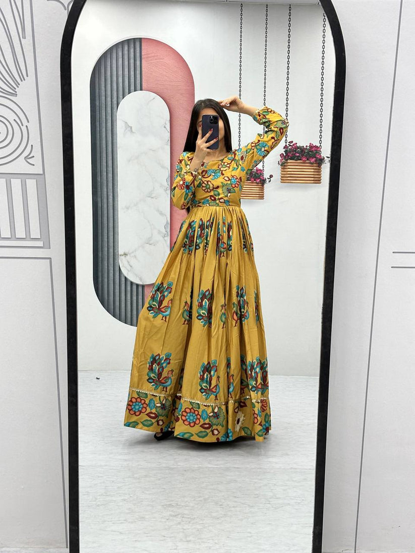 Yellow Colored Kalamkari Gown Dupatta Set