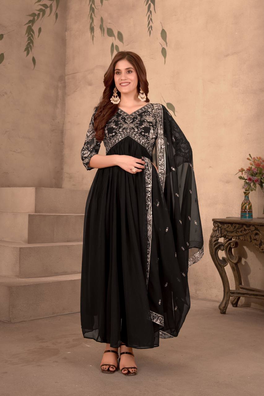 Black Color Faux Georgette Embroidery Gown