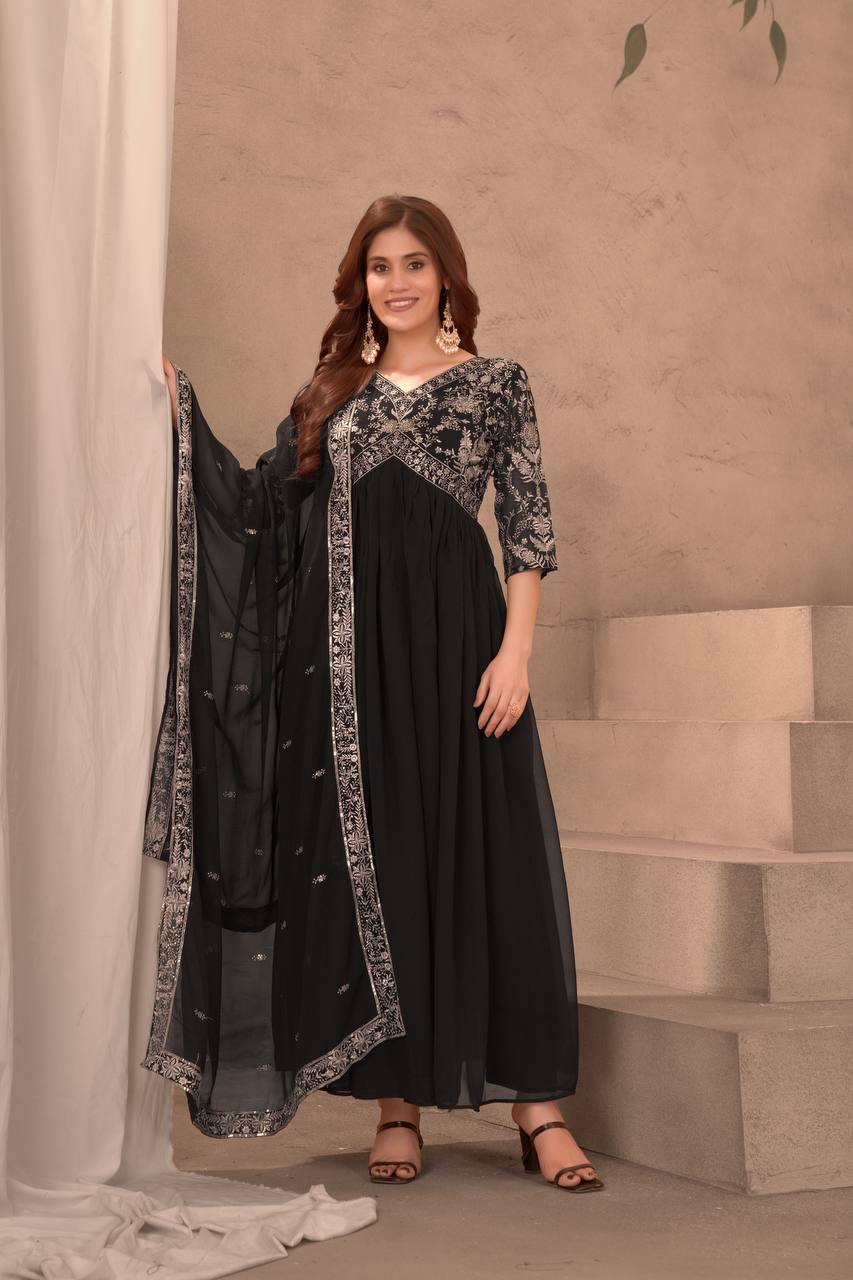 Black Color Faux Georgette Embroidery Gown