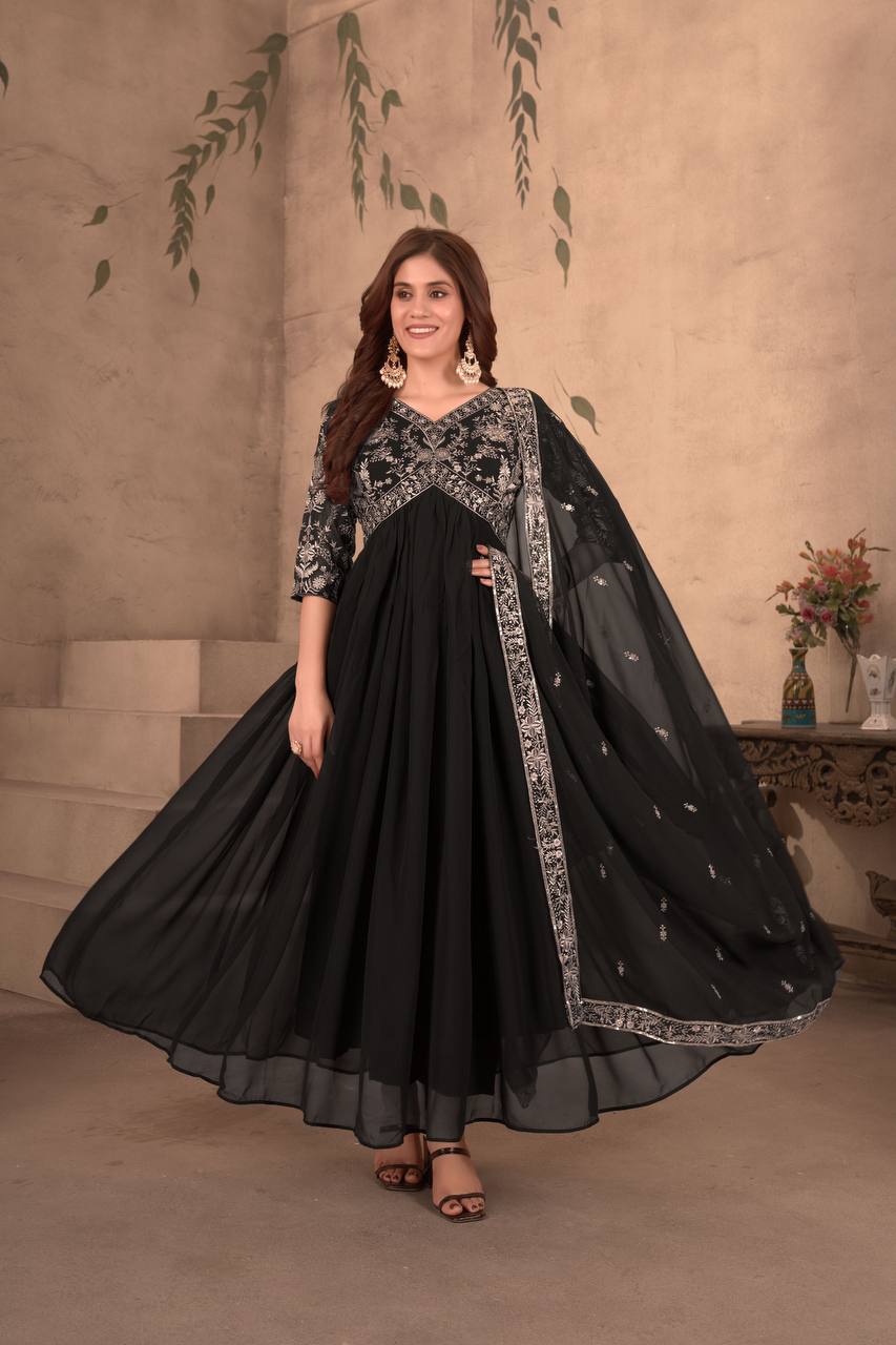 Black Color Faux Georgette Embroidery Gown