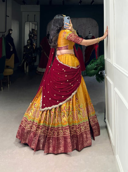 Traditional Multicolor Threadwork and Contrast Dupatta Banarasi Style Lehenga Choli