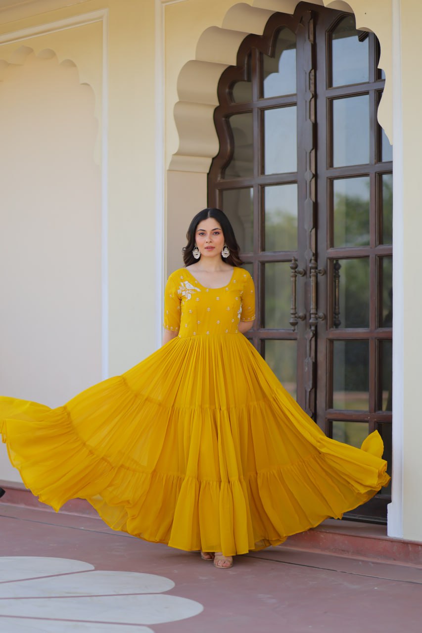 Inaaya Sunshine & Rose Embroidered Layered Gown Set