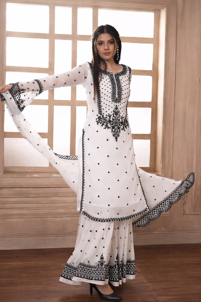 Myra Classic White & Black Heritage Sharara Set