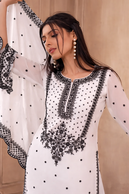 Myra Classic White & Black Heritage Sharara Set