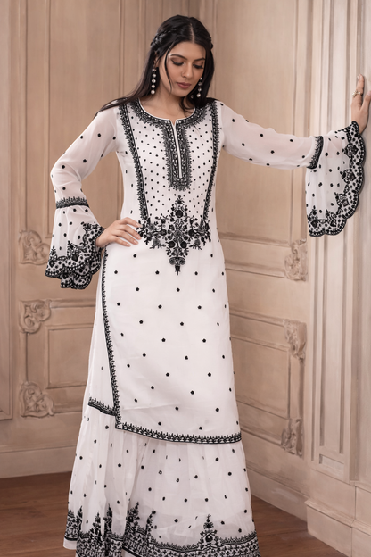 Myra Classic White & Black Heritage Sharara Set