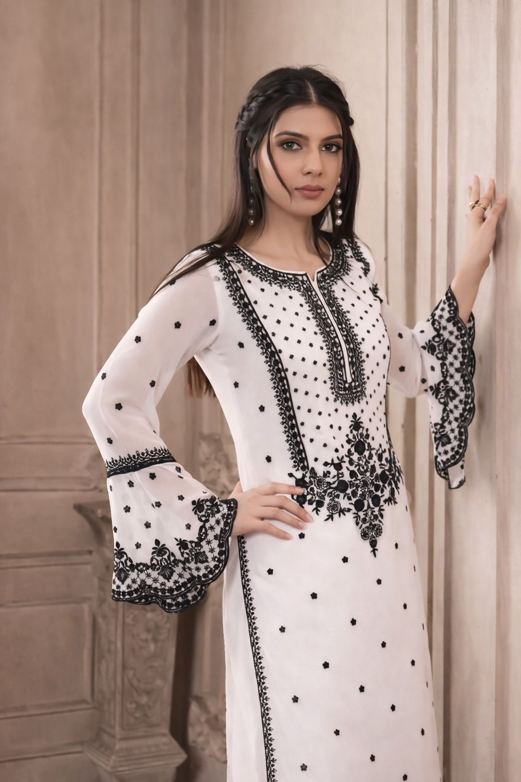 Myra Classic White & Black Heritage Sharara Set