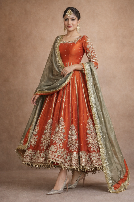 Anika Orange Shades Premium Quality Anarkali Suit Set