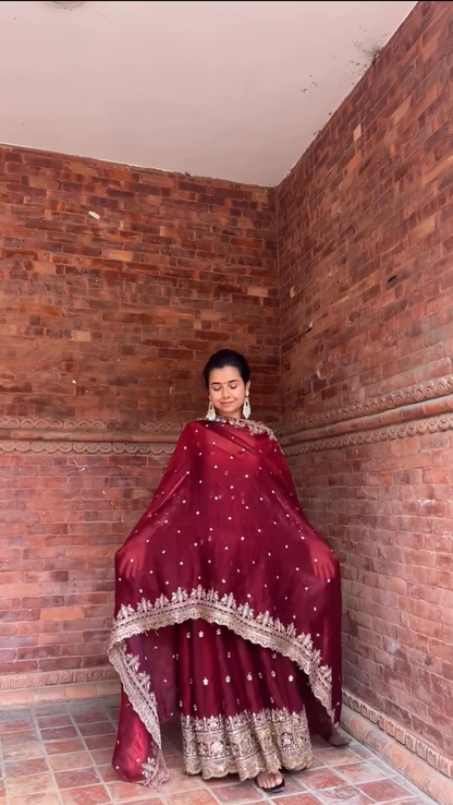 Ruhani Maroon Zari Dori Anarkali Gown Set