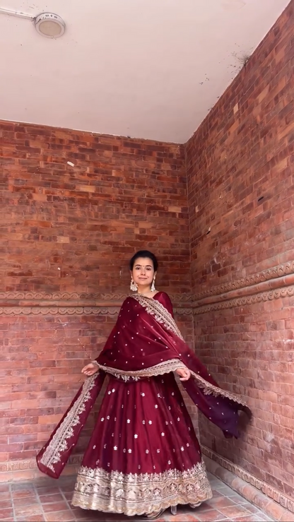 Ruhani Maroon Zari Dori Anarkali Gown Set