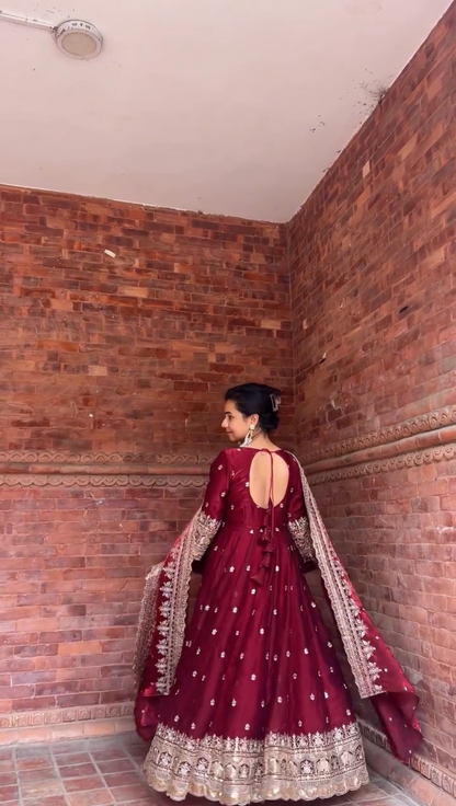Ruhani Maroon Zari Dori Anarkali Gown Set