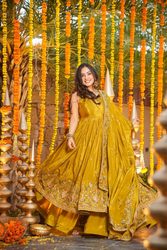 Saanvi Mustard Wedding Wear Anarkali Set