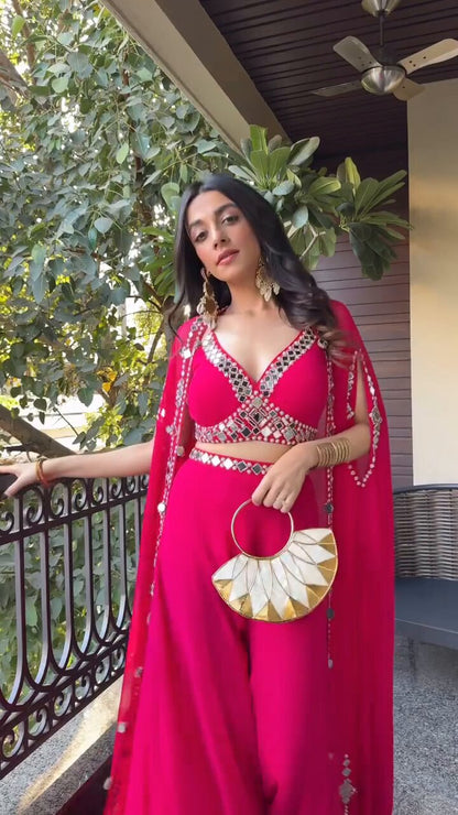 Steel Rani Pink Georgette Mirror Work Crop Top And Sharara