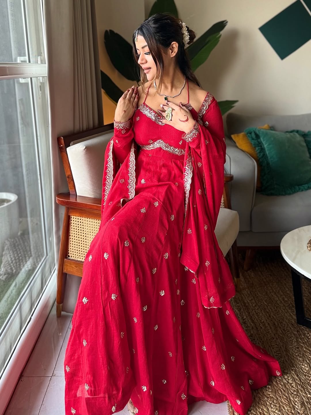 Red Chilli Slit Premium Anarkali Suit Set