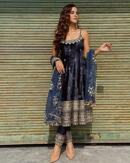 Opulent Blue Ensemble Anarkali With Dori Latkan