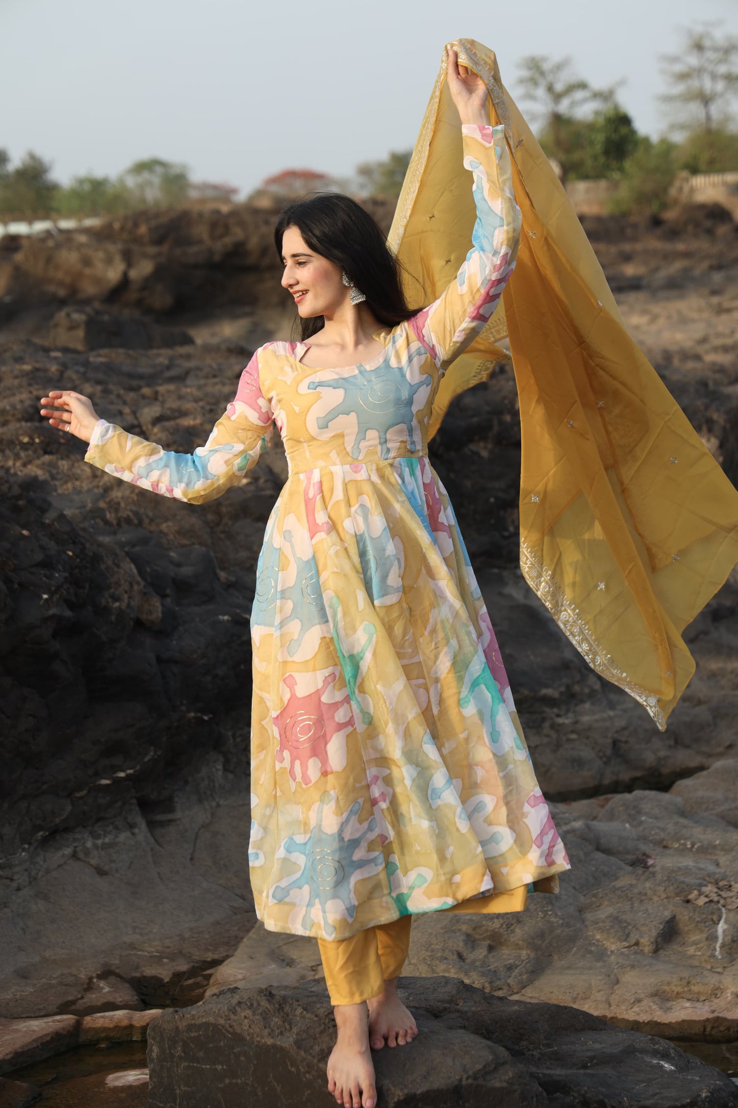 Nancy Multi Coloured  Hand Print Anarkali Suit Set