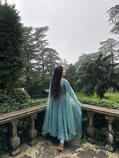 Parthi Sky Blue Anarkali Suit with Net Dupatta