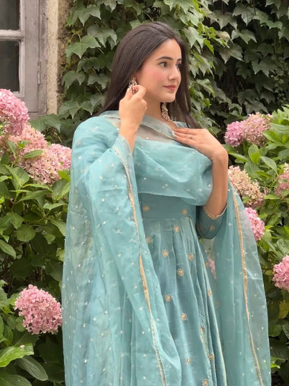 Parthi Sky Blue Anarkali Suit with Net Dupatta