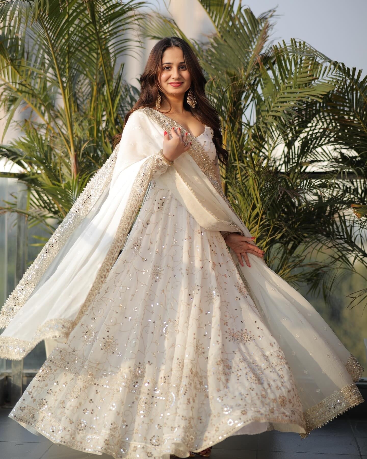 White Colored Heavy Embroidered Anarkali Suit Set