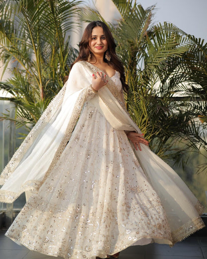 White Colored Heavy Embroidered Anarkali Suit Set