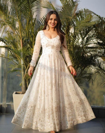 White Colored Heavy Embroidered Anarkali Suit Set
