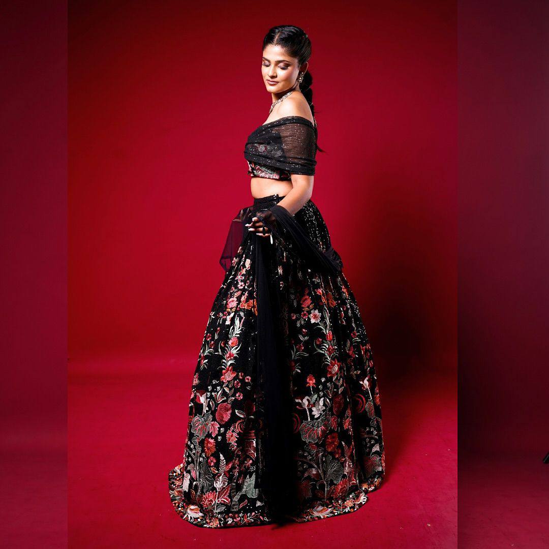 Black Embroidered Off-Shoulder Lehenga Set