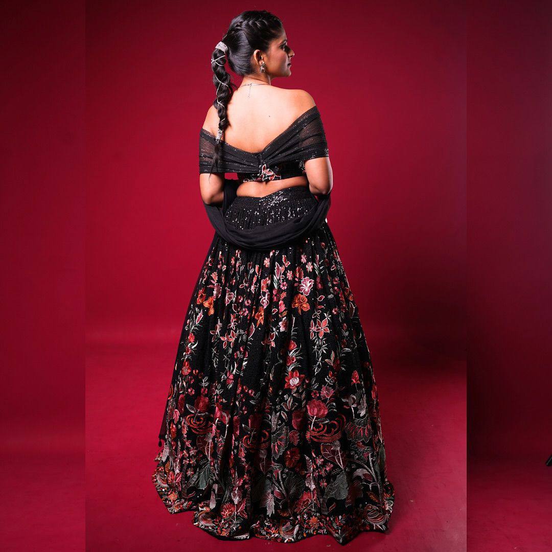 Black Embroidered Off-Shoulder Lehenga Set