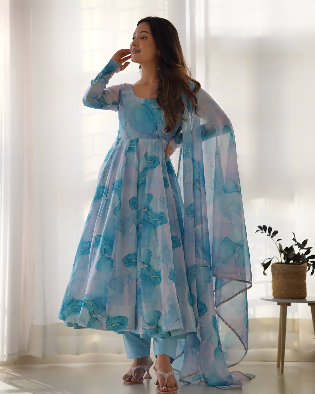 Ocean Mist Marble Print Serenity Anarkali Suit
