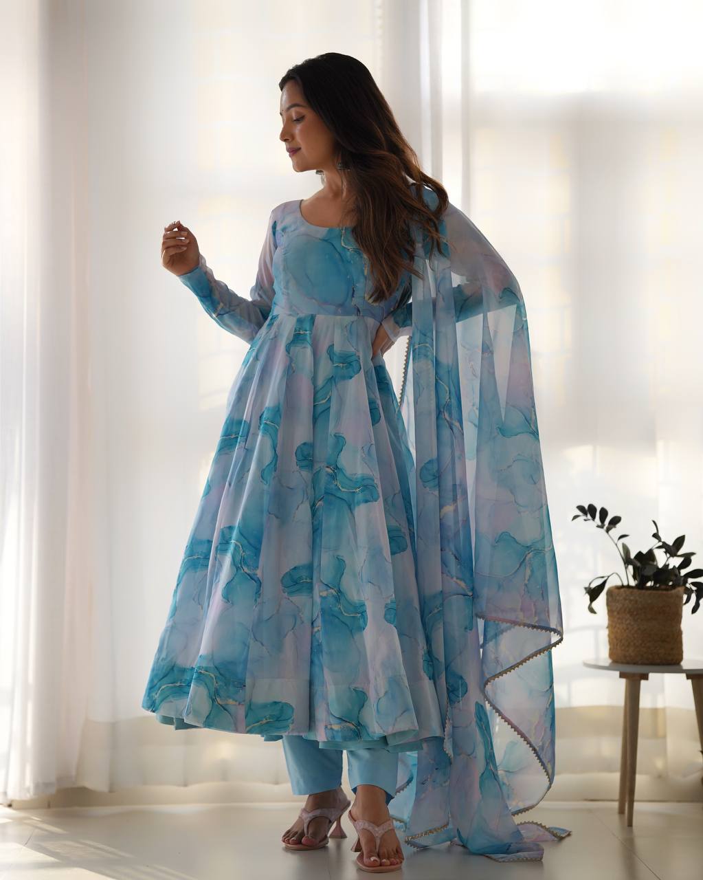 Ocean Mist Marble Print Serenity Anarkali Suit