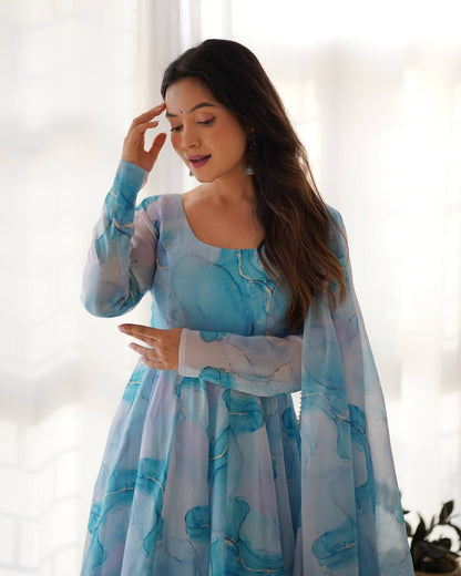 Ocean Mist Marble Print Serenity Anarkali Suit
