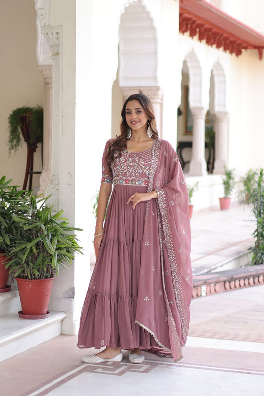 Olivia Grace Pastel Embroidered Tiered Anarkali Gown with Dupatta