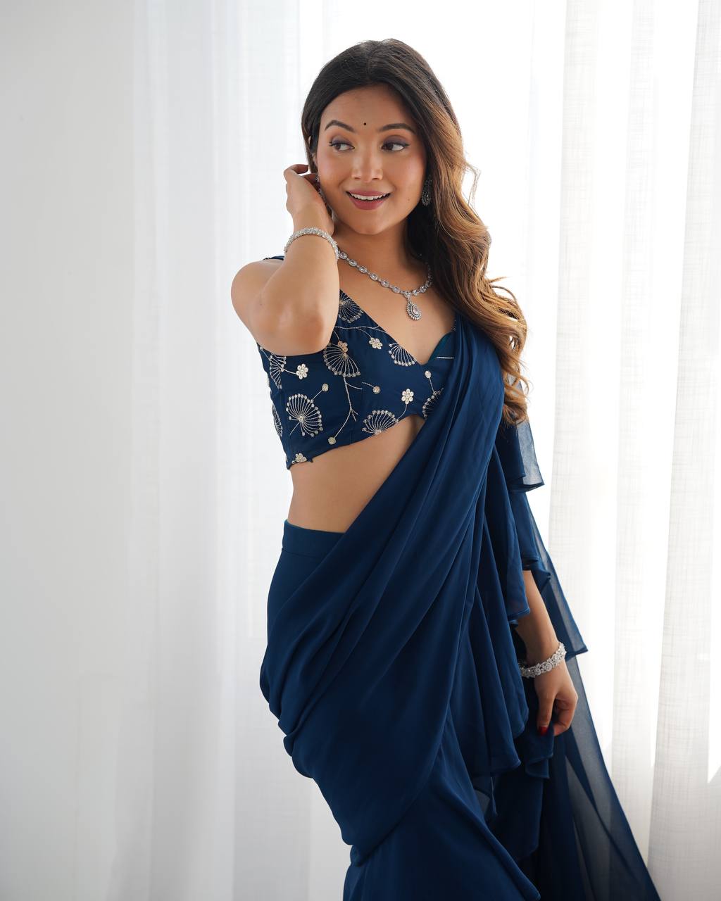 Stylish Party Wear Ruffle Saree Pant Set