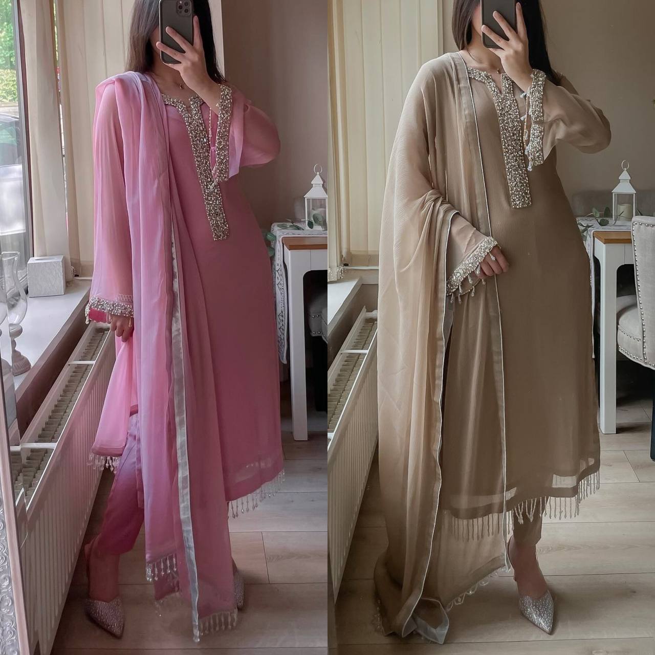 Desirable Fancy Faux Georgette Real Moti Hand Work Top And Pent With Dupatta Set